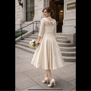 Tea Length Romantic Wedding Dress Satin Lace Bridal Courthouse Bow Back Size 14